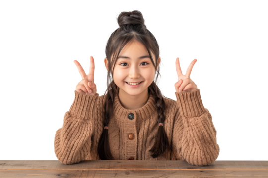 Confident Asian teenage girl showing something sitting at the table isolated on transparent background	
