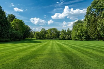A well-trimmed green grass field with blue sky 