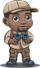 African American Explorer Boy With Binoculars Safari AdventureIllustration Cartoon Character Design Isolated Travel Wildlife Tourism Camping Graphic