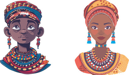 African Tribe Member Portrait Cultural IllustrationTribal Art Colorful Headscarf Beaded Jewelry Traditional Dress Avatar Icon Diversity Representation