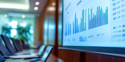 Budget report presentation in a boardroom with charts and graphs displayed on a large screen professional setting