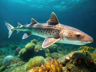 Small-spotted catshark, also known as lesser spotted dogfish, swims in the ocean, revealing its speckled brown and white body, with a long, pointed snout.