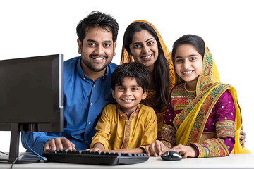 Asian Indian family with parents and children using computer while sitting isolated on transparent background