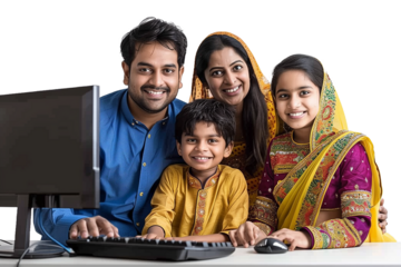 Asian Indian family with parents and children using computer while sitting isolated on transparent background