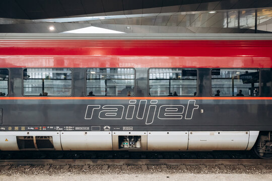 Vienna, Austria - August 6, 2024: Railjet train from Vienna to Bratislava