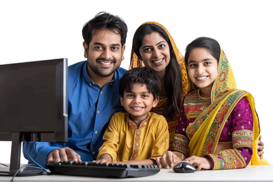 Asian Indian family with parents and children using computer while sitting isolated on transparent background
