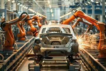 Fototapeta premium Robotic arms welding a car body on an assembly line.