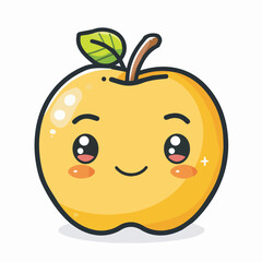 Cute Happy Yellow Apple Cartoon Illustration Kawaii Food Character Design Isolated on White Background Fruit Icon Mascot Logo Vector Graphic