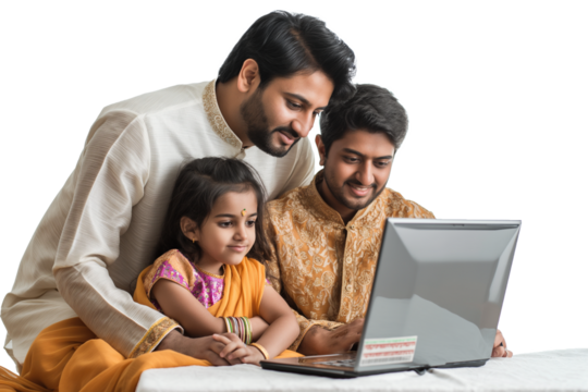 Asian Indian family with parents and children using computer while sitting isolated on transparent background