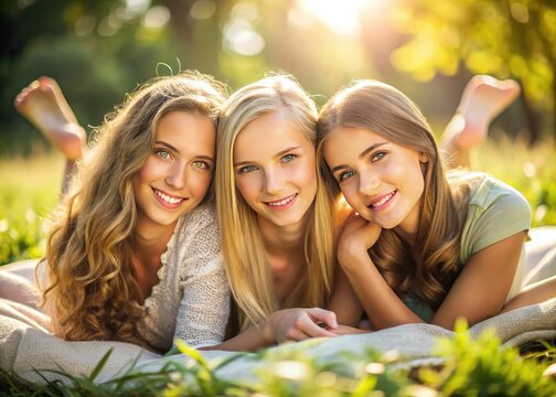 Soft-focused, natural-light portrait of three young, carefree females, lounging together, smiling, and embracing, showcasing relaxed, natural beauty and innocent sensuality.