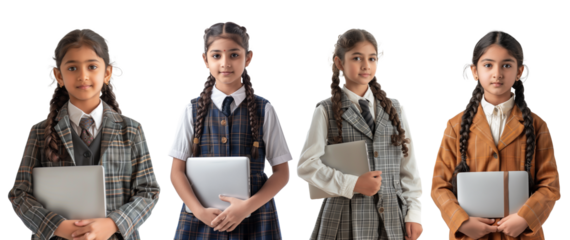 Asian Indian schoolgirl in school uniform with hair in braids and holding laptop isolated on transparent background
