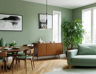 Fototapeta premium Modern Living Room with green Sofa, Abstract Wall Art, and Subtle Green Decor Accents for a Serene Ambiance
