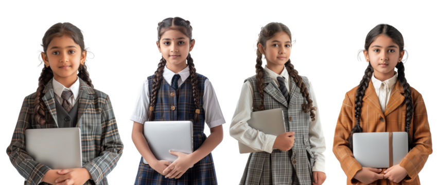 Asian Indian schoolgirl in school uniform with hair in braids and holding laptop isolated on transparent background