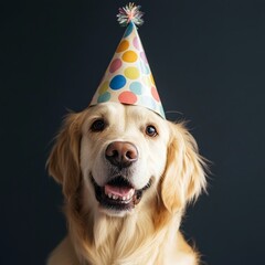 Abstract, creative animal cute dog wearing birthday hat. Pet birthday concept. Artificial intelligence generates, humans augment. Decorative paintings, NFT, hobbies, clothes and shirt pattern design, 