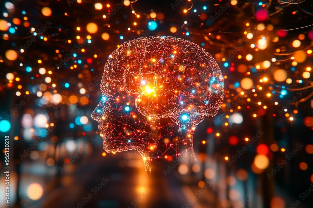 Poster logical thinking neuronal network a human brain with neurons connected by glowing lights symbolizing