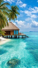 A luxury overwater cottage located on a small island in the center of a crystal-clear turquoise ocean.