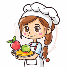 Cute Cartoon Chef Girl Holding Pie With Apples Healthy Food Illustration Bakery Cooking BakingIllustration