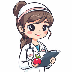 Cute Female Doctor Holding Apple And Clipboard Healthcare Wellness Illustration Cartoon Character Background Isolated Medical Profession Occupation Hospital Clinic Health Checkup Nutrition Diet