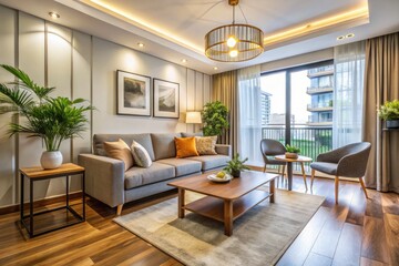 Fototapeta premium Spacious One-Bedroom Apartment With Modern Furniture And Chic Decor, Creating A Cozy And Inviting Atmosphere.