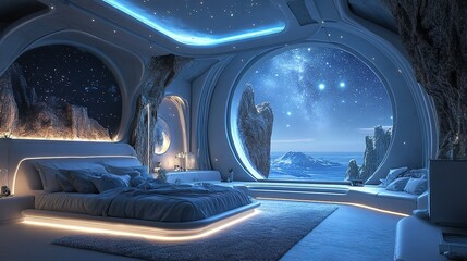 Fototapeta premium Futuristic bedroom with minimalist furnishings and neon lighting for a sleek stylish ambiance