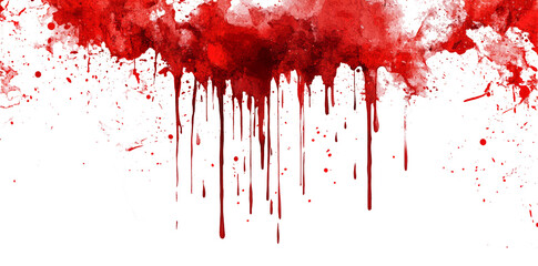 Red blood or paint flowing down on transparent background. Halloween, murder and horror concept. Red ink splash, splatter and stain.