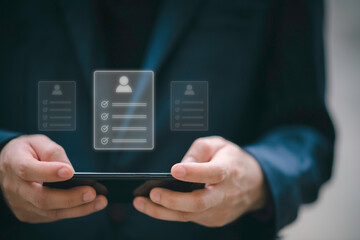 Hr, HRM, Human resources management concept. Check resume, Screening employee information, job applicants, Employees must complete the online survey form, answer the test questions