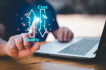 Quality control, Businessman showing cost with down arrow and quality with up arrow for business project management strategy have to control budget cost and improvement quality of product and service.