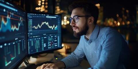 Financial analyst exploring a financial platform with interactive tools and real-time updates modern and efficient