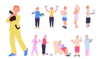 Young woman and elderly retired female cartoon characters daily life routine from morning to evening