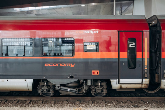 Vienna, Austria - August 6, 2024: Railjet train from Vienna to Bratislava