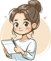 Cute Anime Girl Writing Taking Notes List Notepad Adorable Character IllustrationDesign Element Kawaii Style Digital Drawing Commercial Use