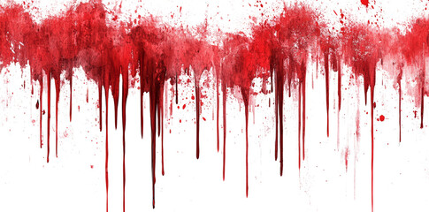 Red blood or paint flowing down on transparent background. Halloween, murder and horror concept. Red ink splash, splatter and stain.