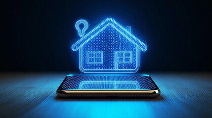 A smartphone with a glowing digital house icon above it.