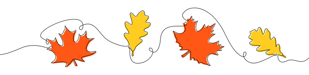 Vector illustration of colorful autumn leaves drawn in a continuous line style, ideal for seasonal design projects.
