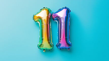 Rainbow foil balloon number eleven. Top view. Colored number on blue background.