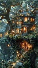 Fototapeta premium A charming, fairytale-like cottage nestled amongst towering trees with glowing lights, nestled in a lush, verdant forest with stone steps leading to the entrance.