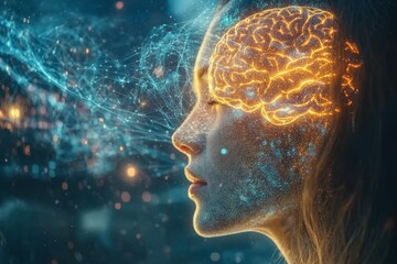 Obraz premium Convergent thinking Neuronal network Side profile of a woman with glowing brain connections in a digital space symbolizing the fusion of human intelligence with advanced technology