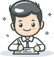 Cute cartoon businessman character writing signing document contract agreement form happy employee office worker professional occupation business concept illustration isolated background