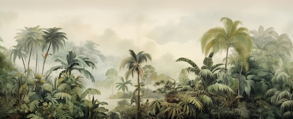 Painting of a jungle landscape. Lush, green rainforest with big trees and leaves. Watercolor pattern wallpaper in vintage retro style. Abstract art concept.