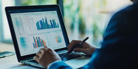 Corporate accountant reviewing financial statements on a laptop detailed charts and precise figures modern digital interface