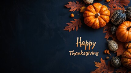 Elegant pumpkin and gourd wreath with fall leaves and Happy Thanksgiving text on dark blue background for autumn celebration