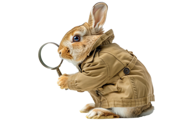 Rabbit exploring with magnifying glass isolated on transparent background