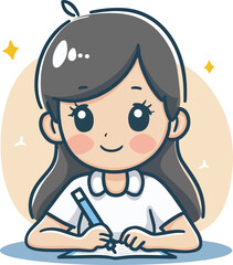 Cute Anime Girl Writing In Notebook Studying Student Back To School Kawaii Cartoon Illustration No Background