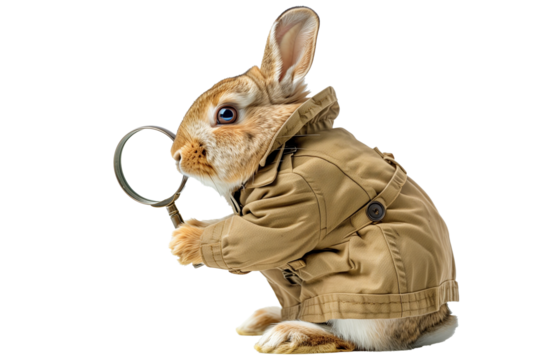 Rabbit exploring with magnifying glass isolated on transparent background - Powered by Adobe