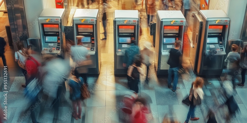 Poster busy atm machine area in a bustling city center multiple machines and customers in line secure and e