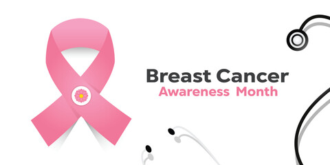 Breast Cancer Awareness Month. Ribbon and stethoscope. Great for cards, banners, posters, social media and more. White background. 