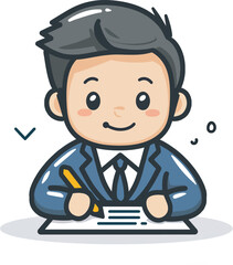 Cute Cartoon Businessman Character Writing On Paper Pencil Business Office Corporate Work Happy Professional Suit Note AgreementIllustration Graphic Design Element Isolated Avatar Hand Drawn Drawing