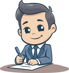 Cute Cartoon Businessman Character Signing Contract Agreement Business Deal Success Happy Professional Office WorkIllustration Graphic Design Element Isolated White Background Marketing Finance