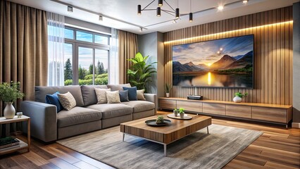 Stylish, Comfortable, Modern Sofa In A Cozy Living Room With A Large Smart Tv Mounted On The Wall