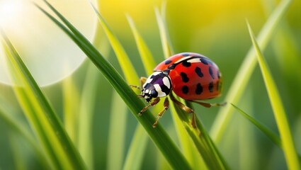 Fototapeta premium a ladybug is sitting on a blade of grass.